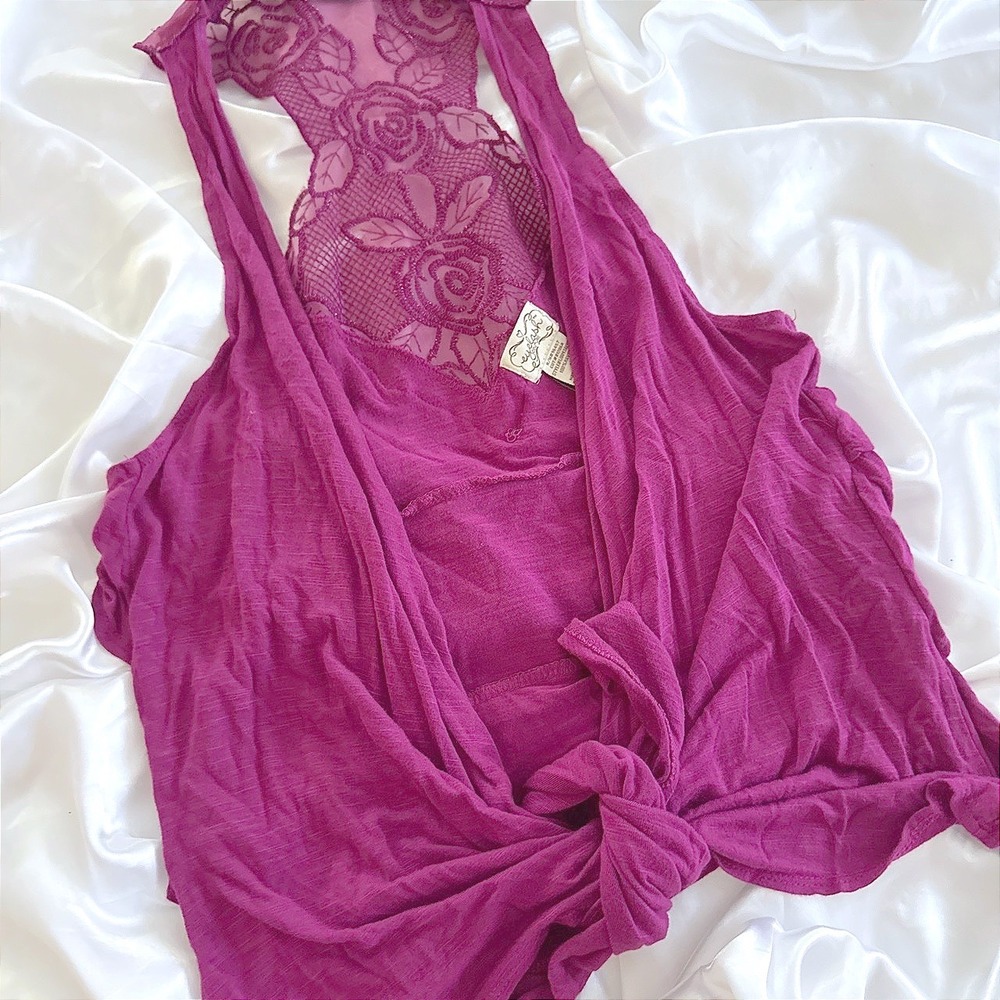 Eyelash Couture Magenta Lace Racerback Tie Front Sleeveless Cardigan Large